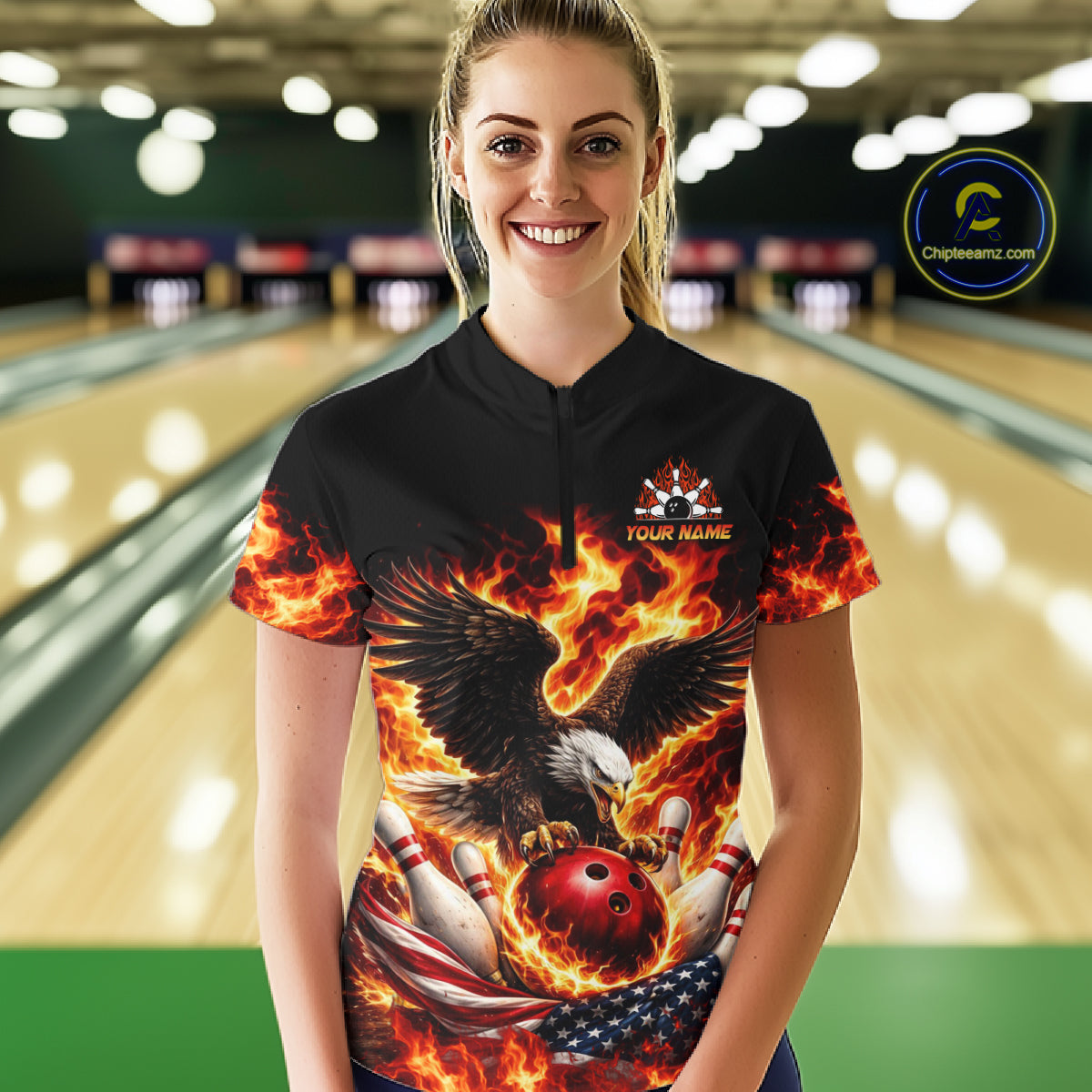 Custom Flame American Flag Eagle Bowling Shirts, Patriotic Eagle Bowling Team Jerseys For Women NQS11560