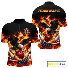 Load image into Gallery viewer, Custom Flame American Flag Eagle Bowling Shirts, Patriotic Eagle Bowling Team Jerseys For Men NQS11560