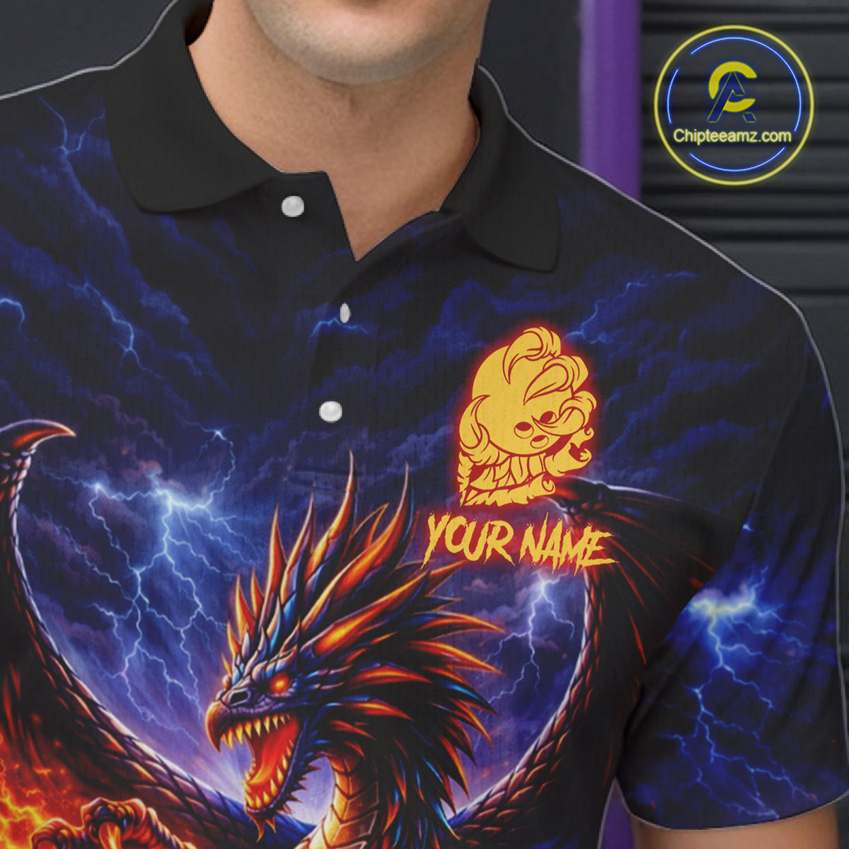 Orange and Purple Lightning Thunder Dragon Bowling Shirts for Men Custom Dragon Team Bowling Jersey NQS11680