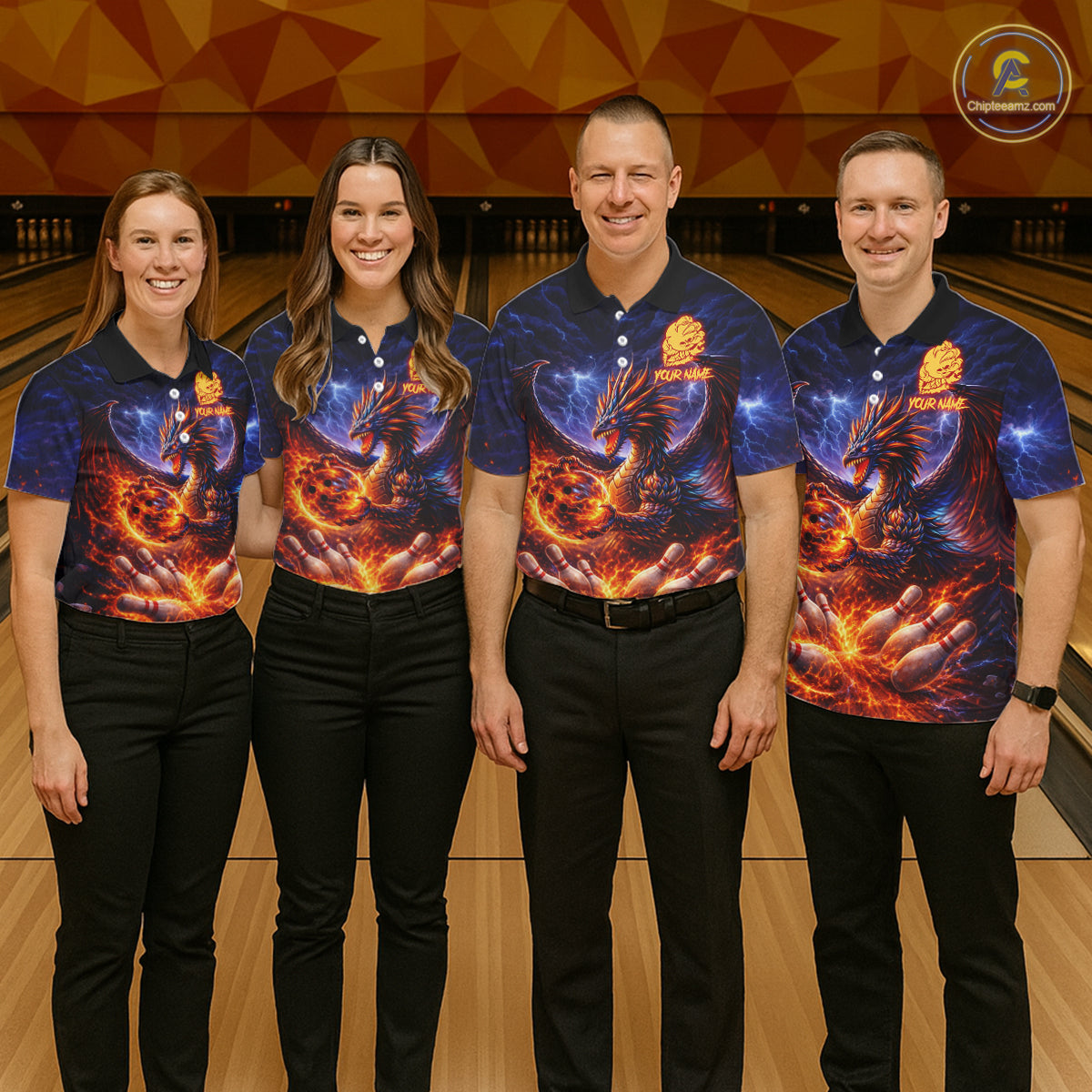 Orange and Purple Lightning Thunder Dragon Bowling Shirts for Women Custom Dragon Team Bowling Jersey NQS11680