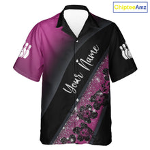 Load image into Gallery viewer, Black and Pink Glitter Flower Bowling Hawaiian shirt Custom Bowling Team Jerseys NQS11685