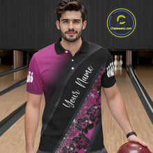 Load image into Gallery viewer, Black and Pink Glitter Flower Bowling Polo, Quarter Zip Shirt for Men Custom Bowling Team Jerseys NQS11685