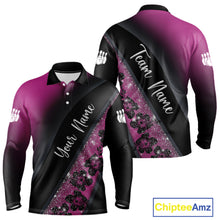 Load image into Gallery viewer, Black and Pink Glitter Flower Bowling Polo, Quarter Zip Shirt for Men Custom Bowling Team Jerseys NQS11685