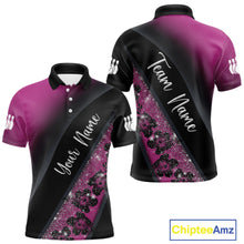 Load image into Gallery viewer, Black and Pink Glitter Flower Bowling Polo, Quarter Zip Shirt for Men Custom Bowling Team Jerseys NQS11685