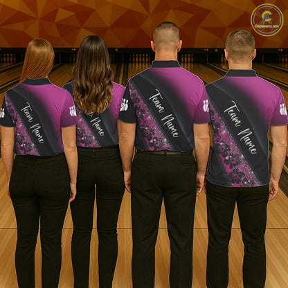 Black and Pink Glitter Flower Bowling Polo, Quarter Zip Shirt for Women Custom Bowling Team Jerseys NQS11685
