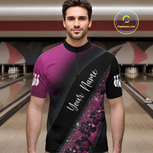 Load image into Gallery viewer, Black and Pink Glitter Flower Bowling Polo, Quarter Zip Shirt for Men Custom Bowling Team Jerseys NQS11685