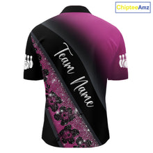 Load image into Gallery viewer, Black and Pink Glitter Flower Bowling Polo, Quarter Zip Shirt for Men Custom Bowling Team Jerseys NQS11685
