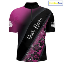 Load image into Gallery viewer, Black and Pink Glitter Flower Bowling Polo, Quarter Zip Shirt for Men Custom Bowling Team Jerseys NQS11685