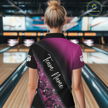 Black and Pink Glitter Flower Bowling Polo, Quarter Zip Shirt for Women Custom Bowling Team Jerseys NQS11685