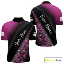 Load image into Gallery viewer, Black and Pink Glitter Flower Bowling Polo, Quarter Zip Shirt for Men Custom Bowling Team Jerseys NQS11685