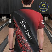 Load image into Gallery viewer, Black and Red Glitter Flower Bowling Polo, Quarter Zip Shirt for Men Custom Bowling Team Jerseys NQS11686