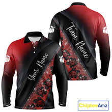 Load image into Gallery viewer, Black and Red Glitter Flower Bowling Polo, Quarter Zip Shirt for Men Custom Bowling Team Jerseys NQS11686