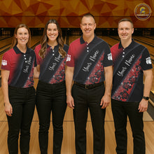 Load image into Gallery viewer, Black and Red Glitter Flower Bowling Polo, Quarter Zip Shirt for Men Custom Bowling Team Jerseys NQS11686