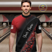 Load image into Gallery viewer, Black and Red Glitter Flower Bowling Polo, Quarter Zip Shirt for Men Custom Bowling Team Jerseys NQS11686