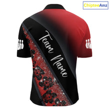 Load image into Gallery viewer, Black and Red Glitter Flower Bowling Polo, Quarter Zip Shirt for Men Custom Bowling Team Jerseys NQS11686