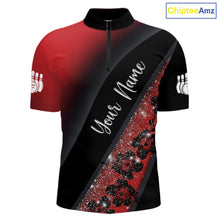 Load image into Gallery viewer, Black and Red Glitter Flower Bowling Polo, Quarter Zip Shirt for Men Custom Bowling Team Jerseys NQS11686