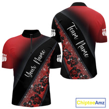 Load image into Gallery viewer, Black and Red Glitter Flower Bowling Polo, Quarter Zip Shirt for Men Custom Bowling Team Jerseys NQS11686