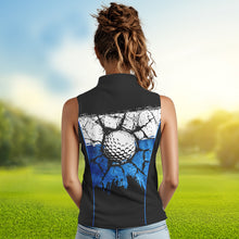 Load image into Gallery viewer, Black, White &amp; Blue Retro broken Golf ball Women Sleeveless Polo shirt Custom Team golf outfit ladies NQS9788