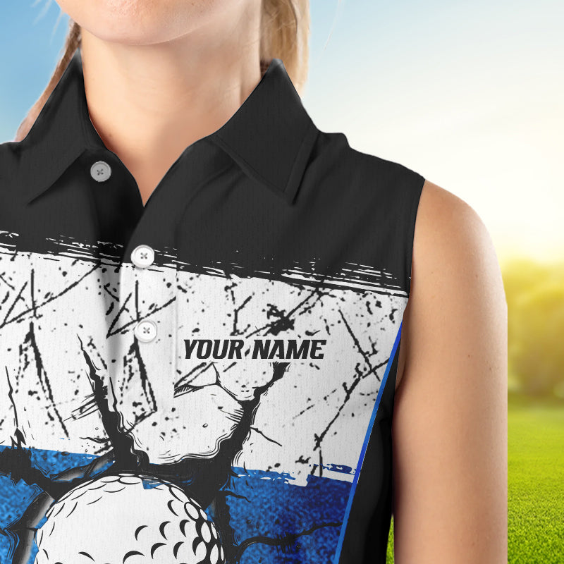 Black, White & Blue Retro broken Golf ball Women Sleeveless Polo shirt Custom Team golf outfit ladies NQS9788