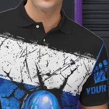 Load image into Gallery viewer, Black, White and Blue Retro broken Bowling ball Polo, 1/4 Zip Shirt For Men Custom Bowling Team Shirts NQS9789