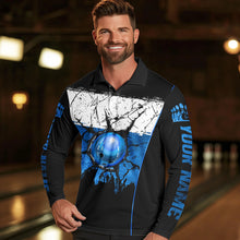 Load image into Gallery viewer, Black, White and Blue Retro broken Bowling ball Polo, 1/4 Zip Shirt For Men Custom Bowling Team Shirts NQS9789