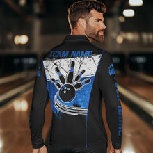 Load image into Gallery viewer, Black, White and Blue Retro broken Bowling ball Polo, 1/4 Zip Shirt For Men Custom Bowling Team Shirts NQS9789