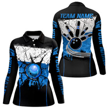 Load image into Gallery viewer, Black, White &amp; Blue Retro broken Bowling ball Polo, 1/4 Zip Shirt For Women Custom Bowling Team Shirts NQS9789
