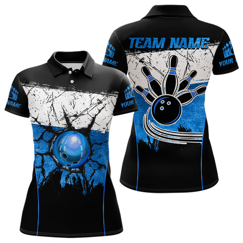 Black, White & Blue Retro broken Bowling ball Polo, 1/4 Zip Shirt For Women Custom Bowling Team Shirts NQS9789