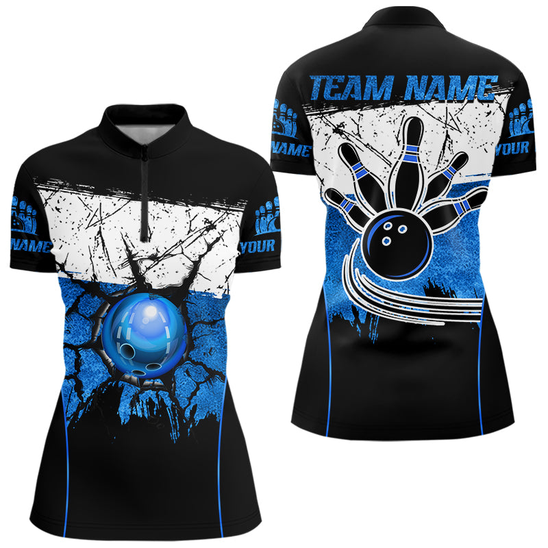 Black, White & Blue Retro broken Bowling ball Polo, 1/4 Zip Shirt For Women Custom Bowling Team Shirts NQS9789