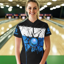 Load image into Gallery viewer, Black, White &amp; Blue Retro broken Bowling ball Polo, 1/4 Zip Shirt For Women Custom Bowling Team Shirts NQS9789