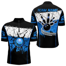 Load image into Gallery viewer, Black, White and Blue Retro broken Bowling ball Polo, 1/4 Zip Shirt For Men Custom Bowling Team Shirts NQS9789