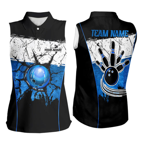 Black, White & Blue Retro broken Bowling ball Sleeveless Polo Shirt Custom Bowling Team Shirts NQS9789