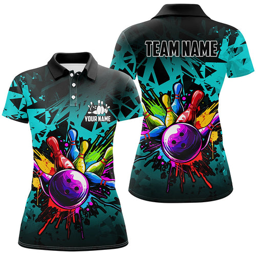 Colorful bowling jersey Polo, 1/4 Zip Shirt for Women Custom Bowling Team shirts for bowler| Cyan Blue NQS7707