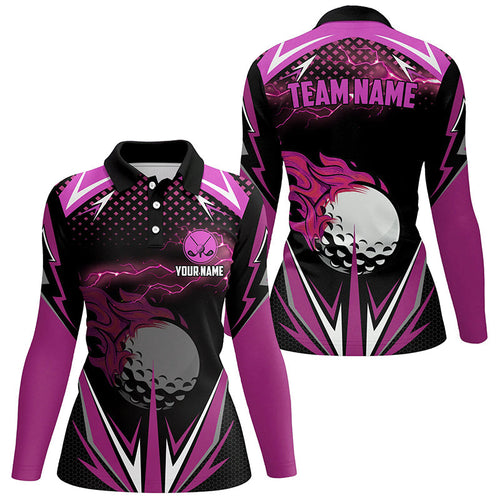 Black Womens golf polo shirts custom pink fire lightning team golf jerseys, golf attire for ladies NQS7943