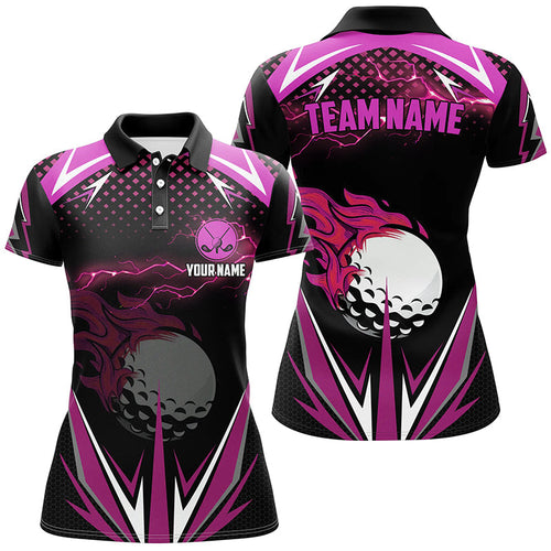 Black Womens golf polo shirts custom pink fire lightning team golf jerseys, golf attire for ladies NQS7943