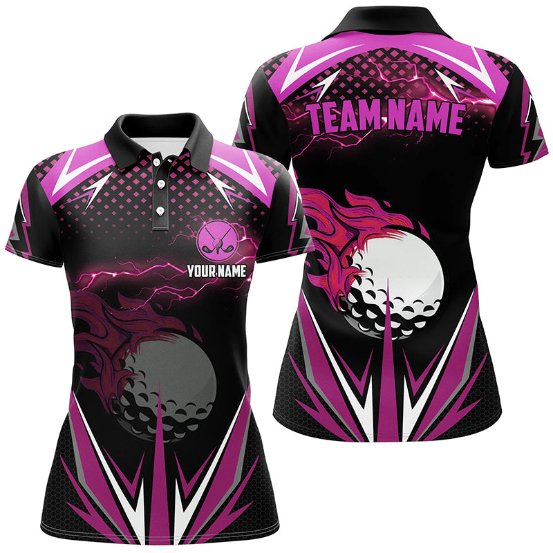 Black Womens golf polo shirts custom pink fire lightning team golf jerseys, golf attire for ladies NQS7943