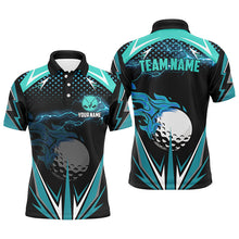 Load image into Gallery viewer, Black Mens golf polo shirts custom Cyan Blue fire lightning team golf jerseys, golf attire for men NQS7944