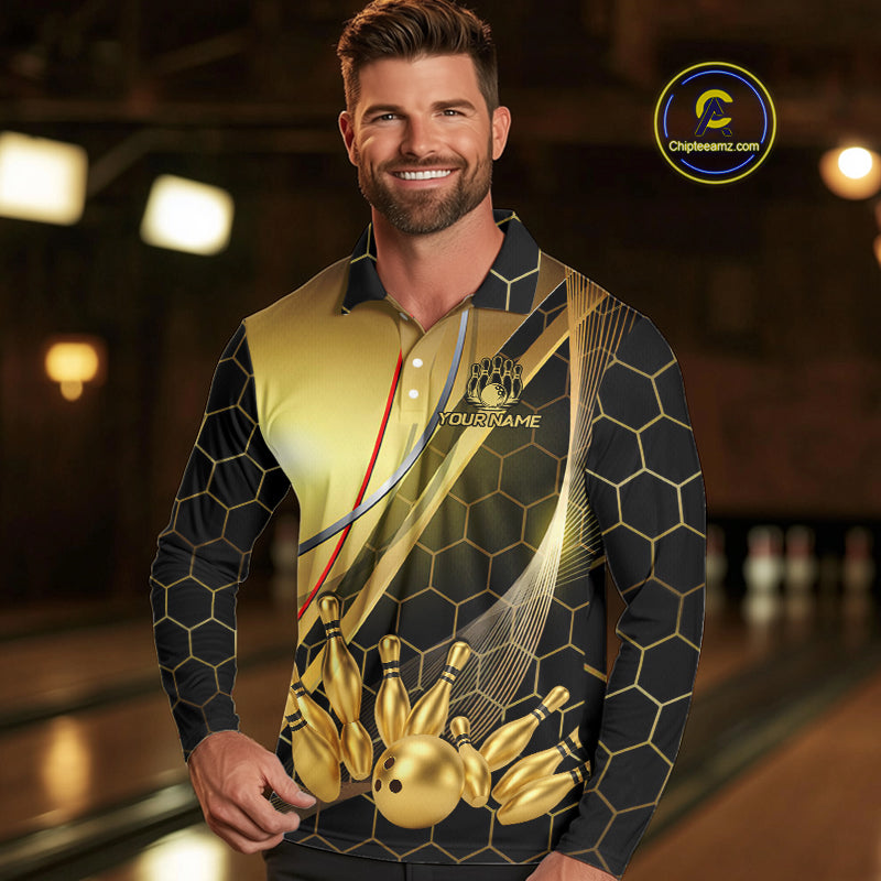 Custom Black and Gold Bowling Polo, Quarter Zip Shirts For Men, Bowling Team League Jersey NQS10346