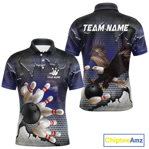 Eagle Bowling Polo, Quarter Zip Shirts for Men Custom Team Bowling jerseys, gift for bowlers | Blue NQS10972