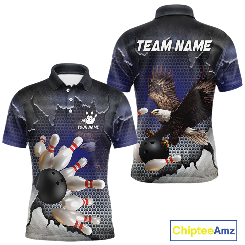 Eagle Bowling Polo, Quarter Zip Shirts for Men Custom Team Bowling jerseys, gift for bowlers | Blue NQS10972