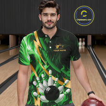 Load image into Gallery viewer, Personalized Bowling Polo, Quarter Zip Shirts for Men Custom Green Flame and Gold Bowling Team Jersey NQS11145