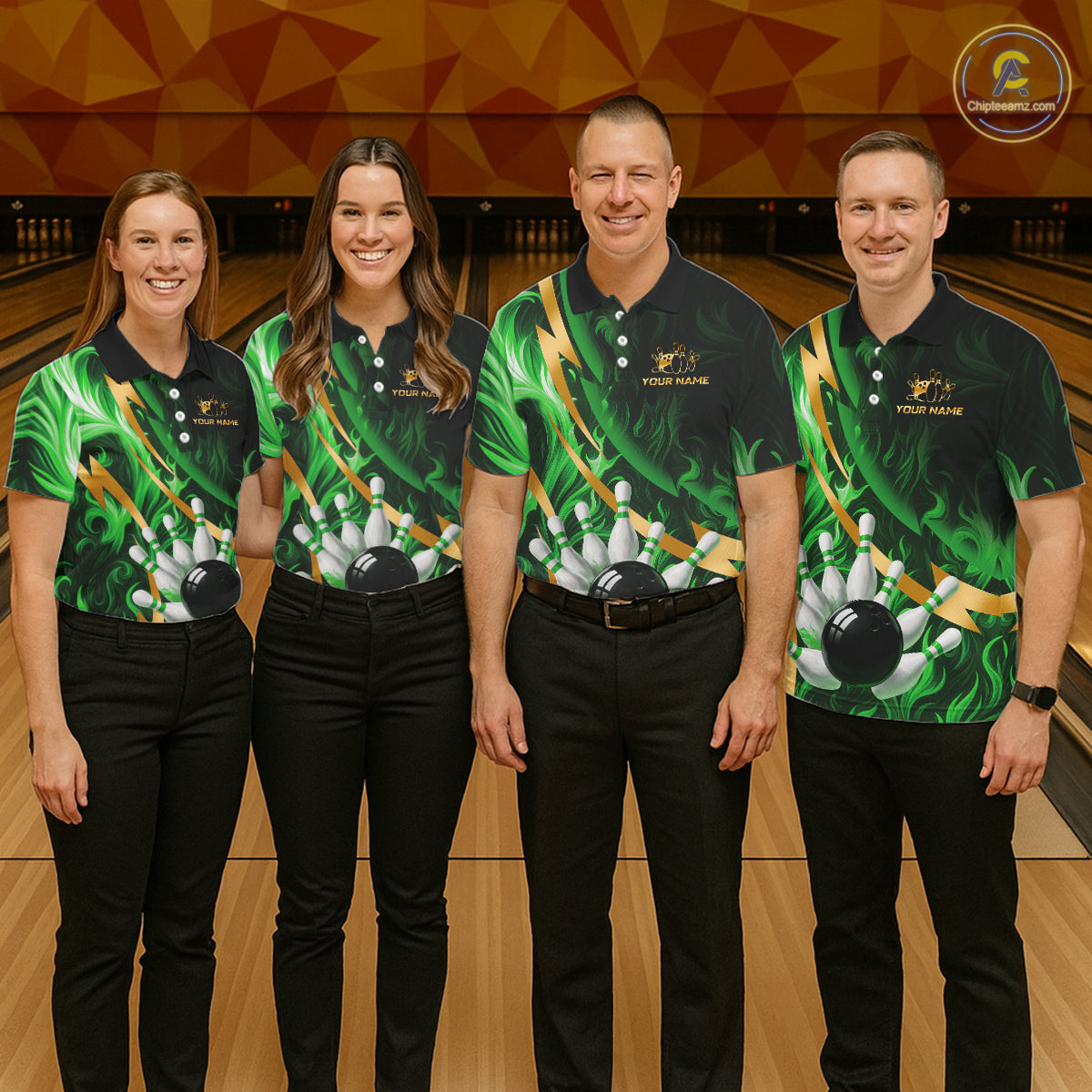 Personalized Bowling Polo, Quarter Zip Shirts for Men Custom Green Flame and Gold Bowling Team Jersey NQS11145