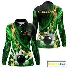 Load image into Gallery viewer, Personalized Bowling Polo, Quarter Zip Shirts for Women Custom Green Flame &amp; Gold Bowling Team Jersey NQS11145