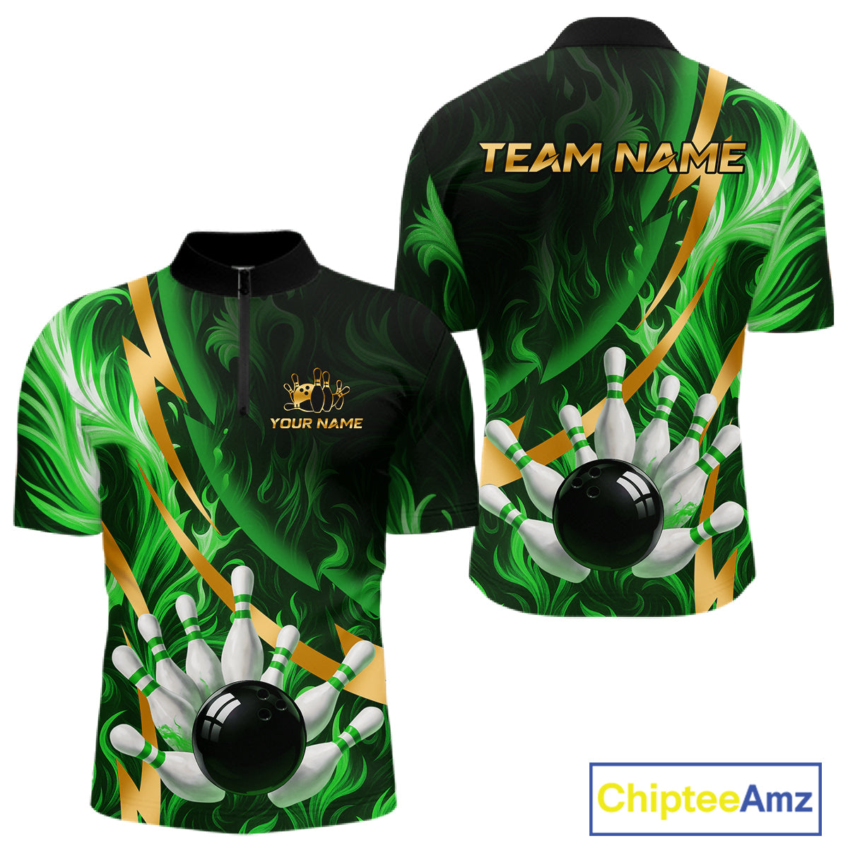 Personalized Bowling Polo, Quarter Zip Shirts for Men Custom Green Flame and Gold Bowling Team Jersey NQS11145