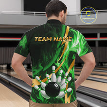 Load image into Gallery viewer, Personalized Bowling Polo, Quarter Zip Shirts for Men Custom Green Flame and Gold Bowling Team Jersey NQS11145