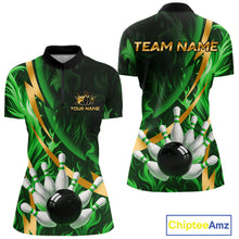 Load image into Gallery viewer, Personalized Bowling Polo, Quarter Zip Shirts for Women Custom Green Flame &amp; Gold Bowling Team Jersey NQS11145