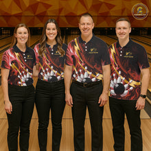 Load image into Gallery viewer, Personalized Bowling Polo, Quarter Zip Shirts for Men Custom Red Flame and Gold Bowling Team Jersey NQS11146