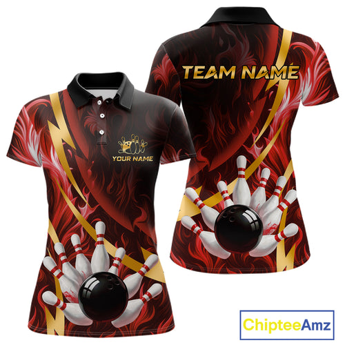 Personalized Bowling Polo, Quarter Zip Shirts for Women Custom Red Flame & Gold Bowling Team Jersey NQS11146