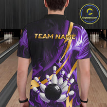 Load image into Gallery viewer, Personalized Bowling Polo, Quarter Zip Shirt for Men Custom Purple Flame and Gold Bowling Team Jersey NQS11147