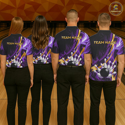 Personalized Bowling Polo, Quarter Zip Shirt for Men Custom Purple Flame and Gold Bowling Team Jersey NQS11147